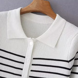 Women Sweater Knitwear Autumn Polo Collar Vintage Mixed Color Stripe Knitted Cardigan