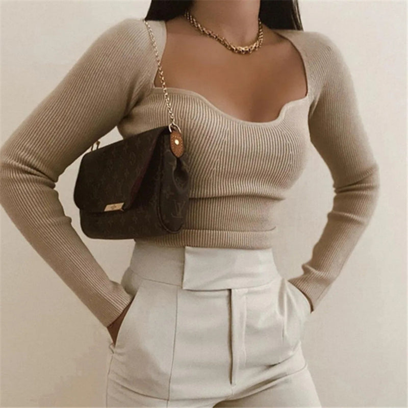 Women Sweater Knitwear Vintage off-Shoulder Square Collar Slimming Long Sleeve Pullover Sweater