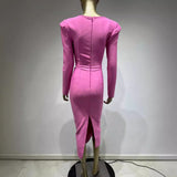Women Dresses Elegant Bandage Dress Magenta Long Sleeve Square-Neck White Collar Dress (Ont0408)