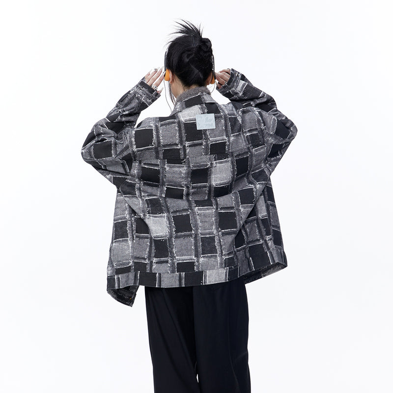 Unisex Jacket Autumn Black and Gray Grid Double Pull Lock Jacket