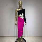 Women Dresses Bandage Dress One-Shoulder Long Sleeve Beaded Flower Long Dress Party Dress Skirt (Ont0408)