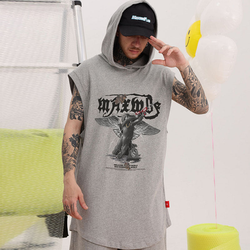 Men Vest Angel Print Men's Hooded Tank Top Sleeveless T-shirt