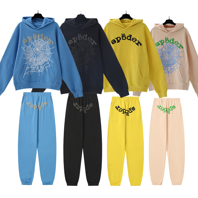 Sp5der Hoodie & Sweatpants 2 Piece Set Cobweb Puff Print Pure Cotton