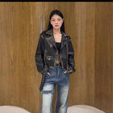 Women Leather Jacket Autumn Washed Leather Worn Motorcycle Jacket