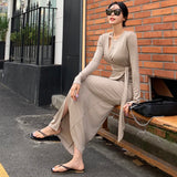 Women Dresses Hollow-out Long Sleeve Dress Split Dress