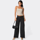 Women pants european and american exportloose wide-leg silhouette niche style women's studded double knee slightly flared workwearjeanscasualstraight-leg pants for women