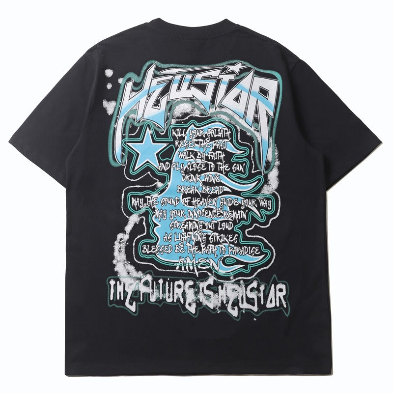 Hip-hop t-shirts: american boy universe starry sky lightning print short sleeve tee - streetwear fashion casual sport half sleeve
