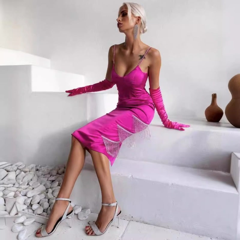 Women Dresses Summer Sexy Drill Chain Sling Tassels Slim-Fit Party Dress (Ont0408)