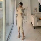 Women Maxi Dress Fall/Winter Long Sleeve Knitted Dress Slim Fit Backless Dress
