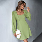 Women Dress Square Collar Long Sleeve Dress