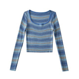 Women Sweater Knitwear Autumn Sexy Square Collar Striped Knitted T-shirt Long Sleeve Sweater