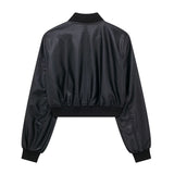 Women Leather Jacket Autumn Vintage Zipper O-neck Short Leather Coat