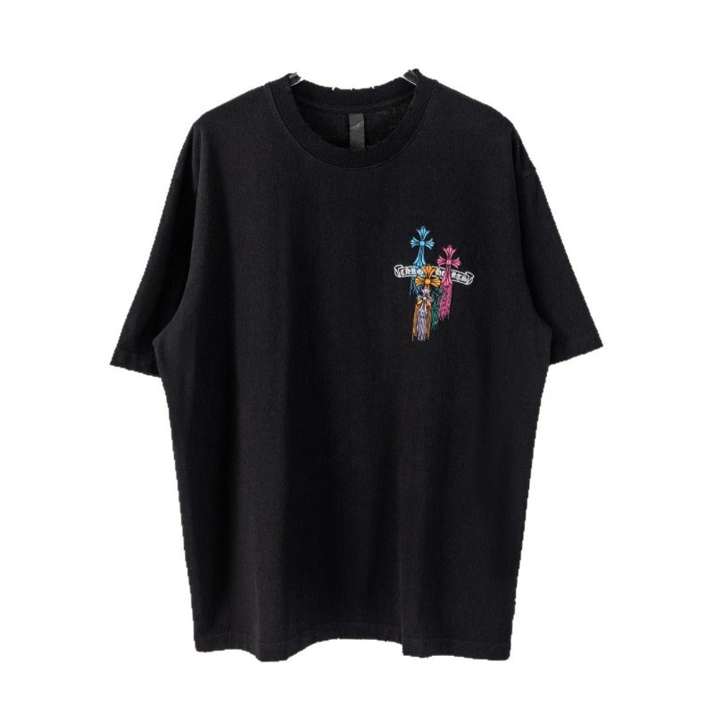 Ch hip-hop t shirts ch short-sleeved cross sanskrit logo embroiderloosecasualpure cotton american heavy weight short-sleeved