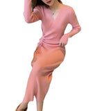 Women Maxi Dress Autumn and Winter V-neck Sweater Midi Skirt Knitted Dress