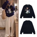 Pure cotton heavy industry cartoon bearembroider rolled collar sweater round neck topsknitting woolen clothes couple fall and winter