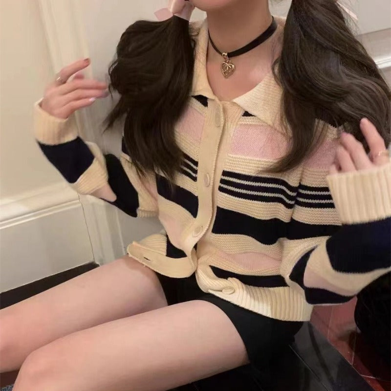 Women Knitwear Fall and Winter Lapels Striped Sweater Loose Knitted Cardigan