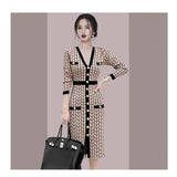 Women Maxi Dress Autumn Long Sleeve V-neck Buttons Knitted Dress