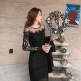 Women Maxi Dress Spring and Autumn Hollow Sexy Lace Evening Dress Hip Skirt