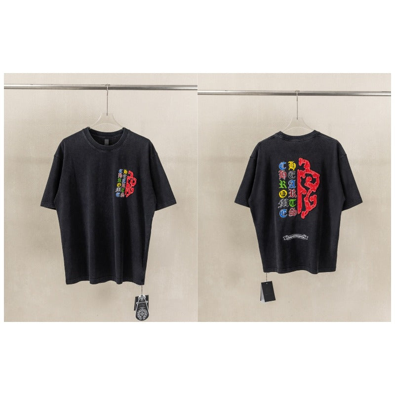 Ch hip-hop t shirts ch short-sleeved classic washed sanskrit cross stereo heavy industry patch embroidery high street