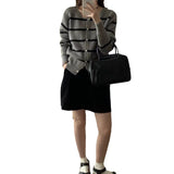 Women Knitwear Autumn and Winter New Striped round Neck Sweaters Cardigan