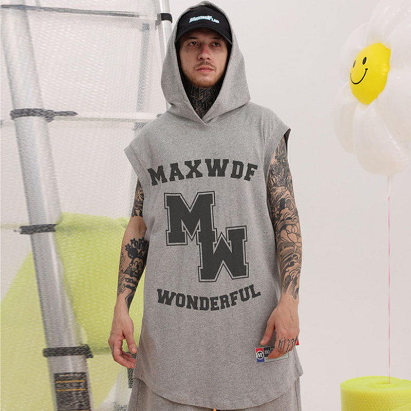 Men Vest Hooded T-shirt Hip Hop Sports Hooded Vest Men and Women