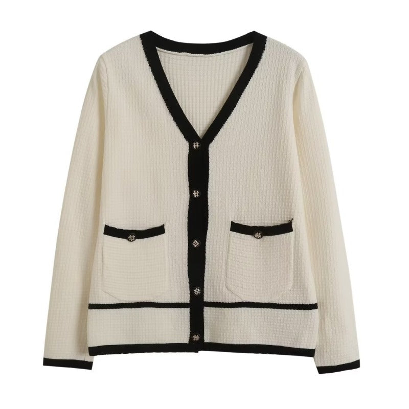 Women Sweater Knitwear Autumn and Winter Classic Style Contrast Color V-neck Knitted Cardigan Sweater Coat