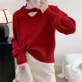 Women Knitwear Autumn Winter Retro Hollow round Neck Sweater Loose Sweater