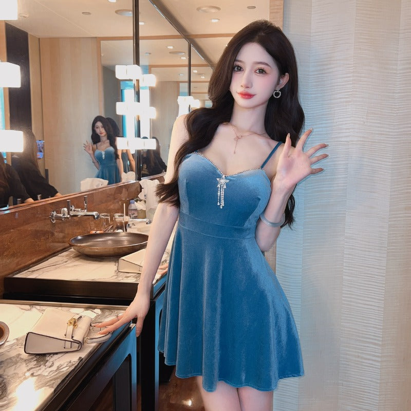 Women Maxi Dress Autumn Winter Sexy V-neck Pleuche Sling Dress