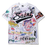 Hip-hop t-shirts: american graffiti cartoon hand-painted creative all-over print illustration short-sleeve summer loose fit hip-hop tee