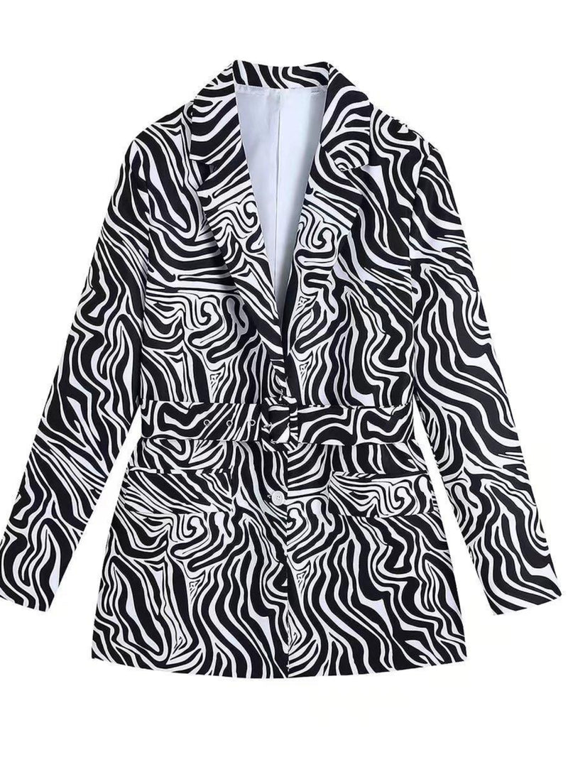Women Suits Spring and Autumn Zebra Pattern Suit Collar Mid-Length Retro Printed Suit Jacket