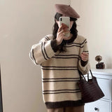 Women Knitted Pullover Striped round Neck Sweater Top Autumn and Winter Long Sleeve Sweater