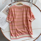 Women Sweater Knitwear Striped Loose Short Sleeve Knitted T-shirt Female Student O-neck Short Top