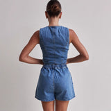 Women's pants: spring/summer amazon independent store fashion sleeveless cinched waist high-waisted loose denim shorts set (us/eu style)