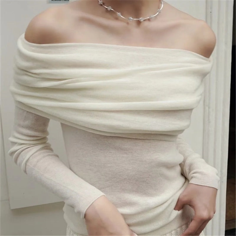 Women Sweater Knitwear Autumn and Winter Vintage off-Shoulder Sweater Women's Knitted Blouse