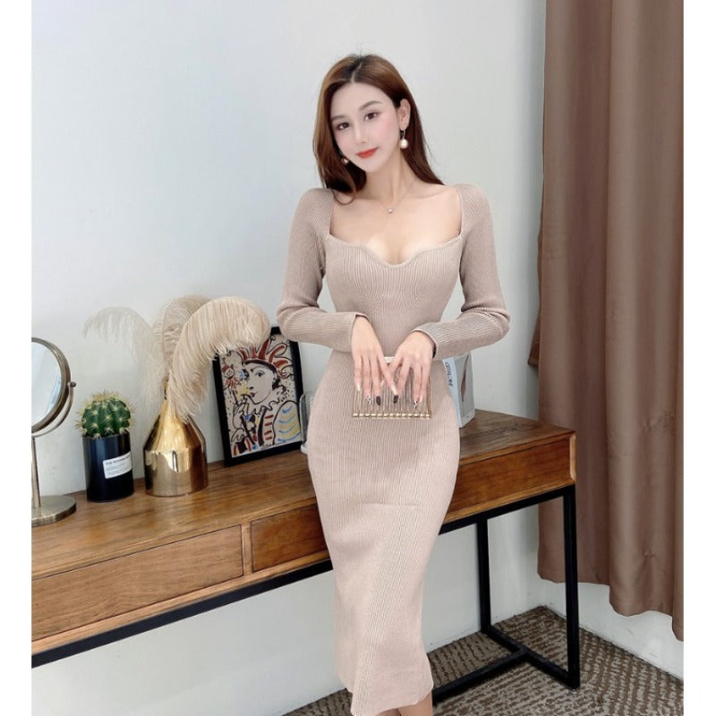 Women Maxi Dress Autumn and Winter V-neck Knitted Dress Hip Skirt