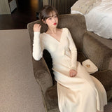 Women Maxi Dress Autumn and Winter V-neck Long Sleeve Knitted Dress Dress