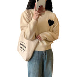 Women Knitted Pullover Love Embroidered Crew Neck Sweater Autumn and Winter Loose Long Sleeve Pullover Sweater