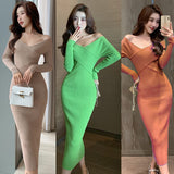 Women Maxi Dress Autumn Winter Sexy Long Sleeve Slim Knit Long Dress