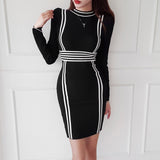 Women Maxi Dress Fall/Winter Slim Knitted Striped Sheath Dress Sweater