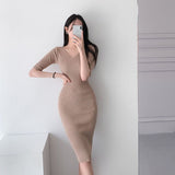 Women Dresses Autumn Retro V-neck Thin Knitted Dress Hip Skirt