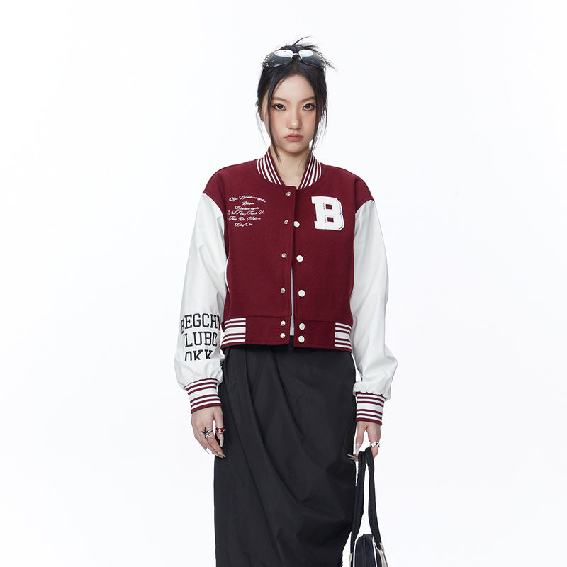 Unisex Jacket Autumn Leather Sleeve Brushed Baseball Uniform