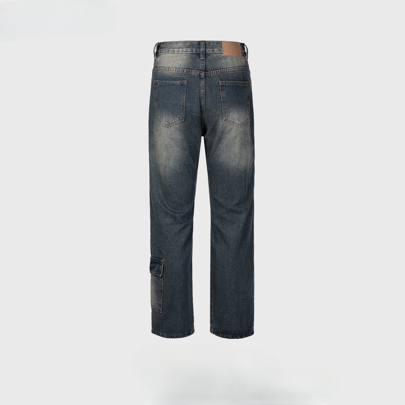 MIJKO Men's Vintage Pants MIJKO Splicing Pocket Trousers Men's and Women's Washed Water-Ground White Jeans