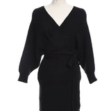 Women Maxi Dress Autumn and Winter V-neck Bat Sleeve Knitted Dress