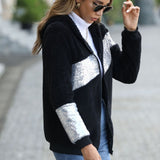 Women Trench Coat Casual Hooded Long Sleeve Sequin Stitching Zipper Double-Sided Velvet Cardigan Coat Autumn