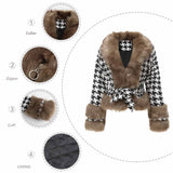 Women Trench Coat Autumn and Winter Plaid Coat Detachable Short Fur Collar Top Houndstooth