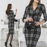 Women Maxi Dress Spring and Autumn Sheath V-neck Plaid Dress