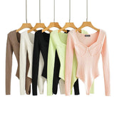 Women Sweater Knitwear Texture Jumpsuit Autumn and Winter Square Collar Knitted Top Bottoming Shirt
