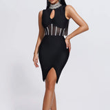 Women Evening Dress High Neck Sexy Hollow Mesh Bandage One-Piece Dress