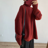 Women Knitted Pullover Red Sweater Turtleneck Coat Loose Sweater