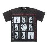 Hip-hop t shirts american high street nine-square grid violin printing t-shirt retroloosecasual washed and distressed short-sleeved t